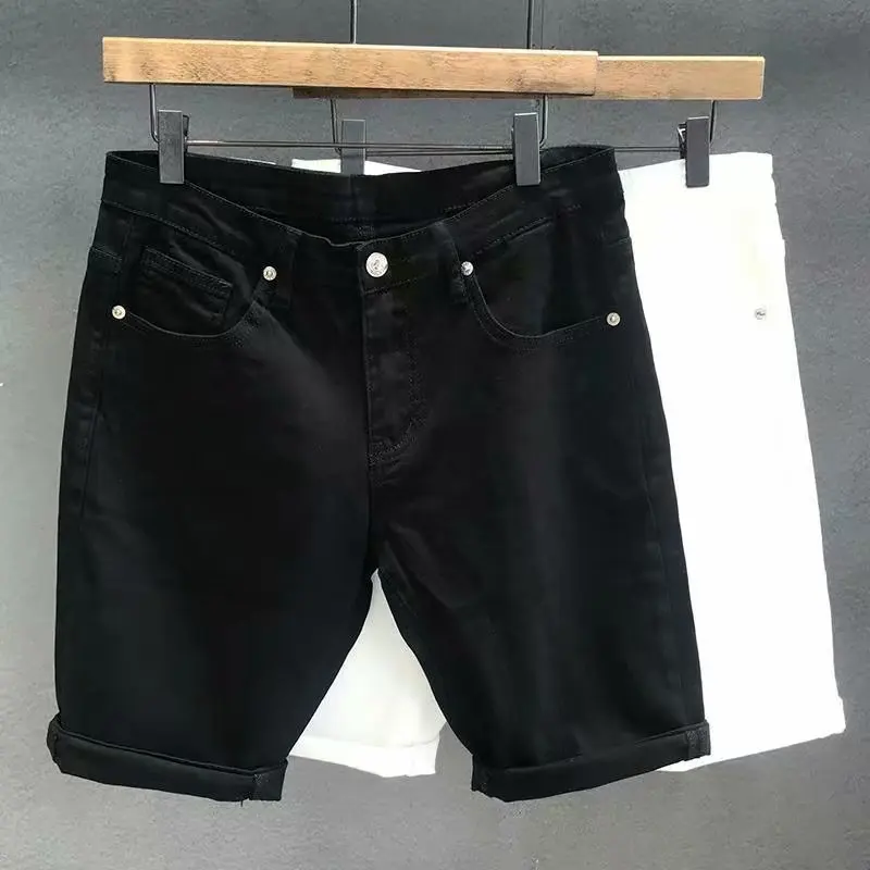 2024 Summer White Black Denim Shorts For Men Fashion Slim Streetwear Baggy Short Pants