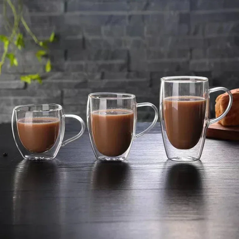 

Double Wall Glass Coffee Mug with Handle, Clear Mugs for Bar, Milk, Juice, Water, Espresso Shot, Heat and Cold Resistant