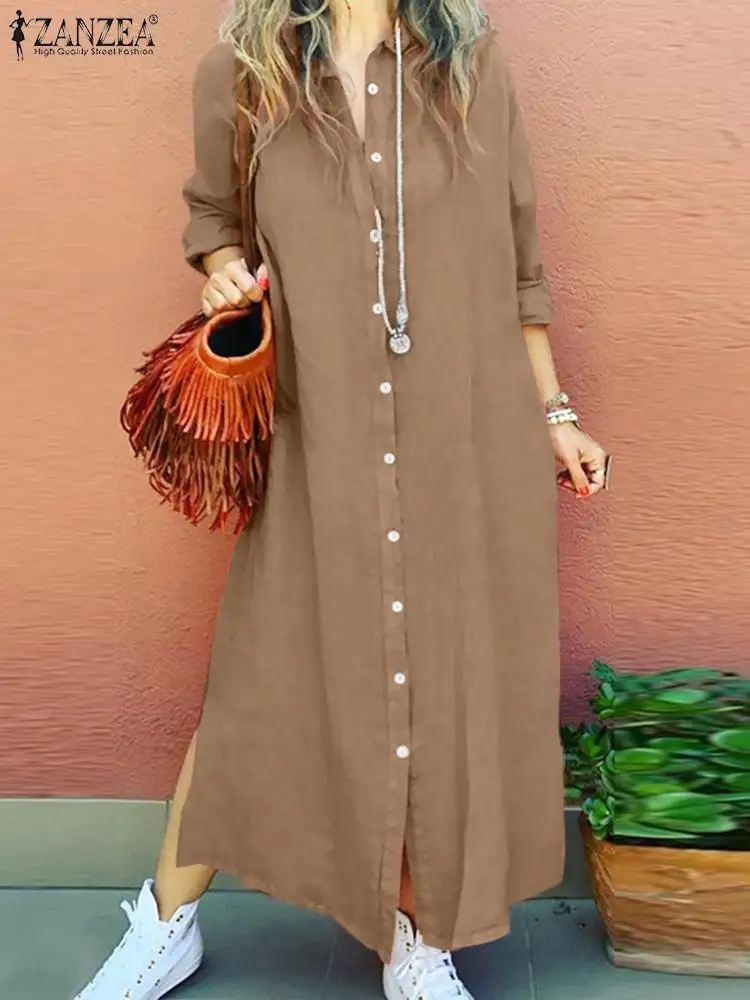 ZANZEA Stylish Women Long Shirt Dress Autumn Lapel Neck Long Sleeve Kaftan Sundress Robe Femme Solid Buttons Down Work Vestidos