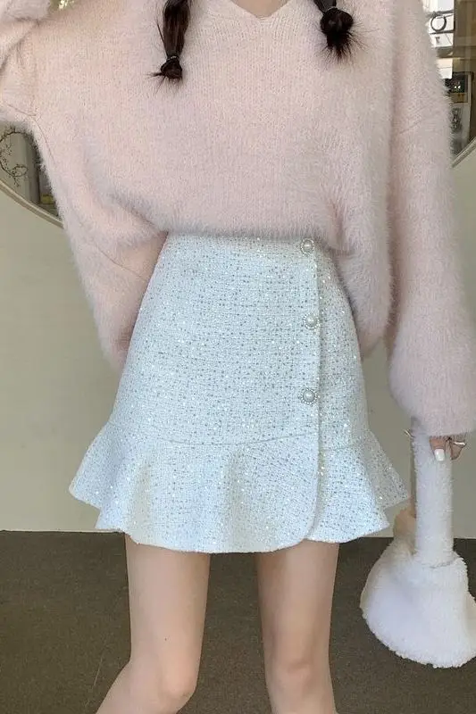 Sequin Skirt with High Waist Slim Tweed Ruffle Edge New Style A-line Fish Tail