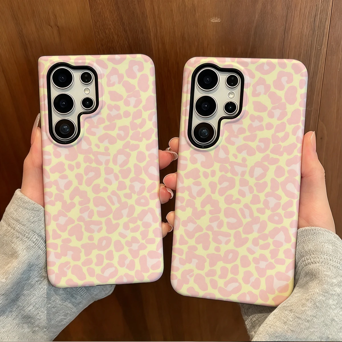 Cream Pink Leopard Print Phone Case For Samsung Galaxy S26 S25 Ultra S24 S23 Plus Hard Shock‑Absorption 2-in-1Protective Cover