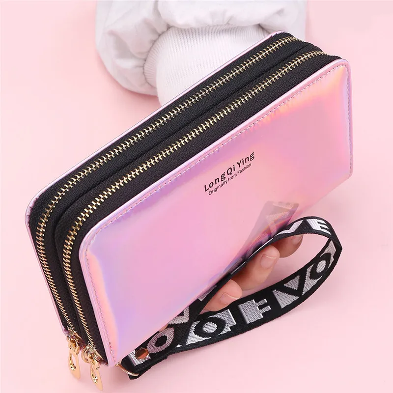 Double Zipper Women's Long Wallet Female Laser Soft PU Leather Coin Clutch Bag Large Capacity Business Card Holder New Arrival