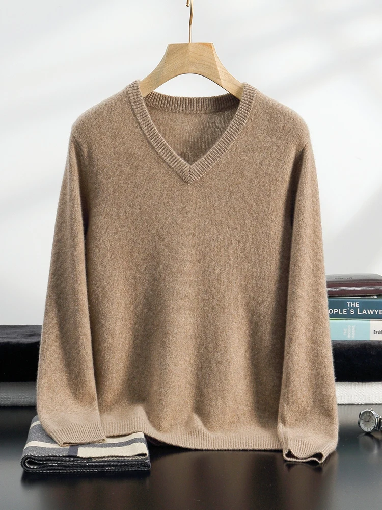 Men's V-neck 100% Cashmere Knitwear Basic Pullover Autumn Winter Thick Smart Casual Long Sleeve Cashmere Sweater Chic Warm Tops