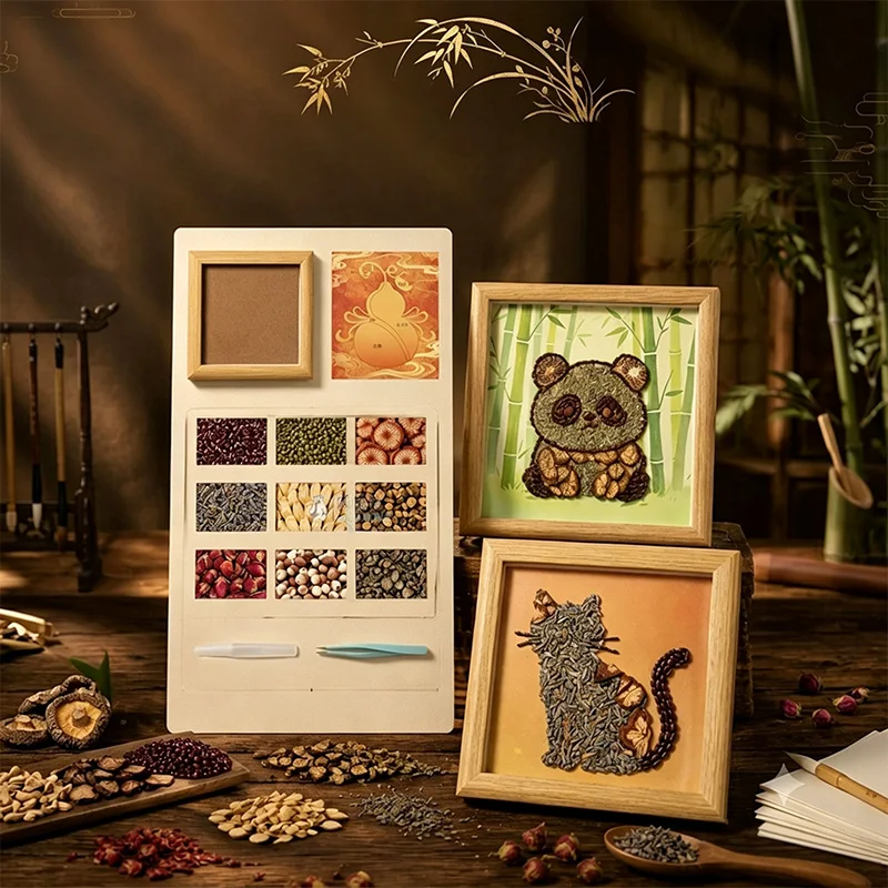 DIY Herb Grain Seed Painting Kit with Wooden Frame Natural Chinese Herbal Paste Art Craft Set Picture Frame for Home Decor Gift