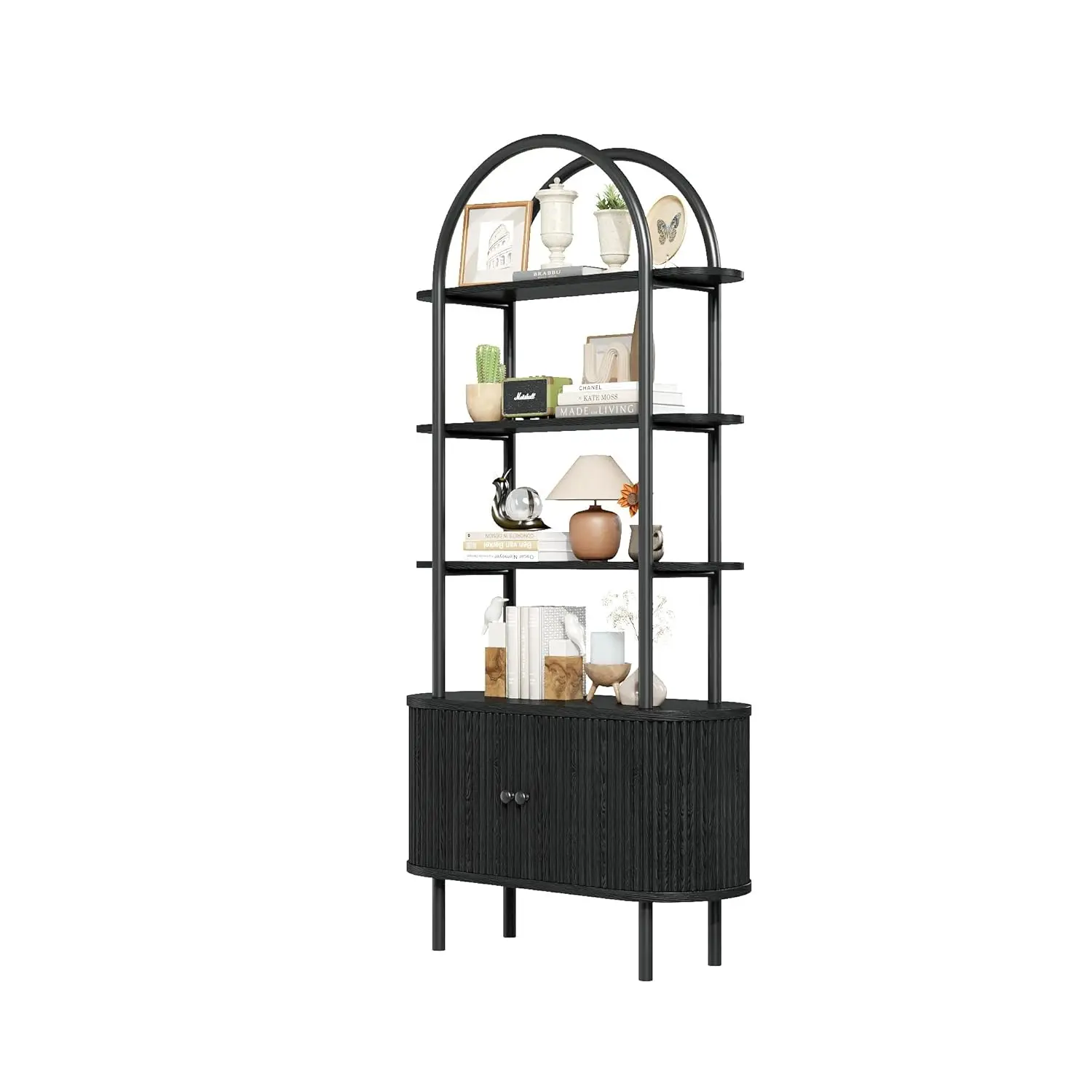 

70in 4-Tier Wooden Bookcase Fluted Doors Metal Frame Home Office Living Room Storage Black Oak, Customized