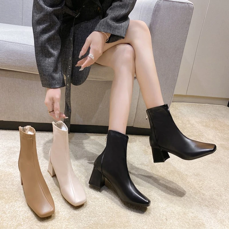 Low Heel Ankle Boots Women Square Toe Skinny Chunky Boots Pu Leather New Fall Winter 2023 Comfort Fashion Beige Chelsea Boots