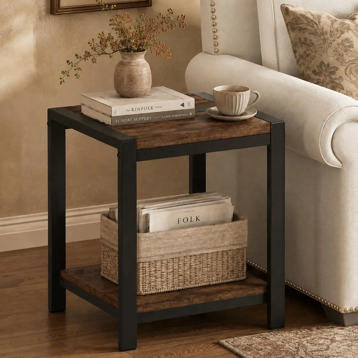 Square End Table, Small Side Table for Living Room, Rustic Oak