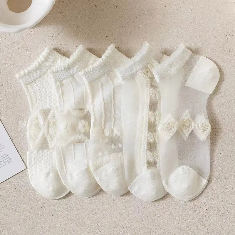 

5 Pairs Summer Women Low Tube Thin Bubble Short Socks White Glass Silk Breathable Sexy Transparent Socks