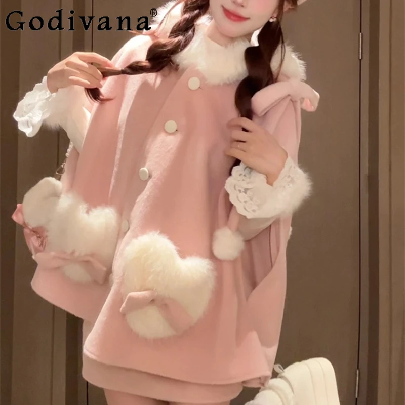 

Sweet Cute Pink Lolita Set Women Fur Collar Hooded Cape Coat Inner Wear Short Skirt Three Piece Set Autumn Winter Ladies Suits