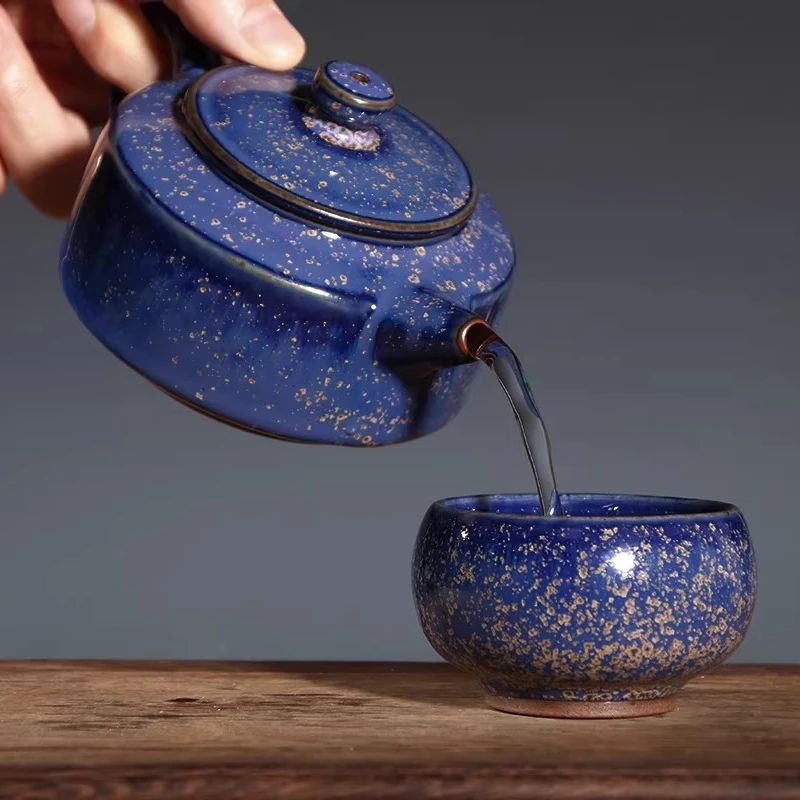 Special Price One Pot Two Cups Jun Kiln Ceramic Gift Set Starry Night Grinding Disc Tea Set Handcrafted Owner Cup Wen Hong Yuan
