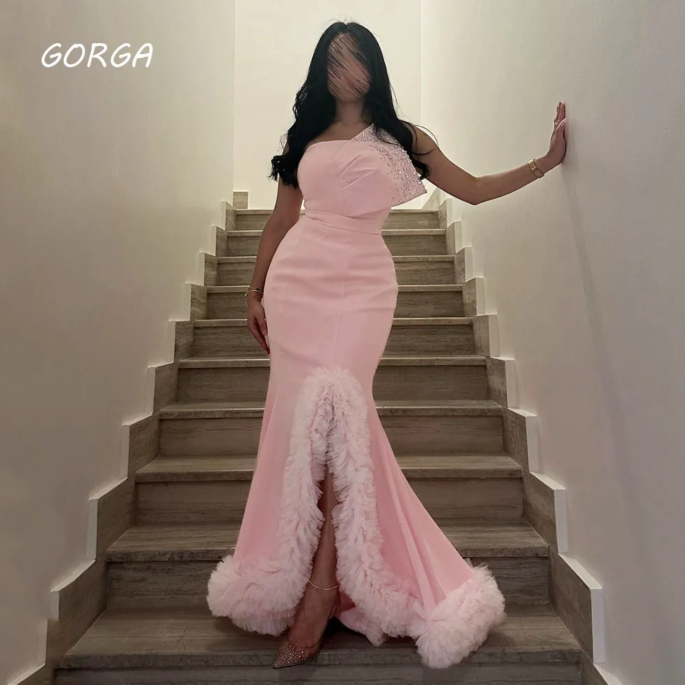 

GORGA Simple Pink Strapless Crepe Mermaid Evening Dresses Saudi Arabia 2023 Slim Side Split Floor-Length Party Gowns Prom Dress