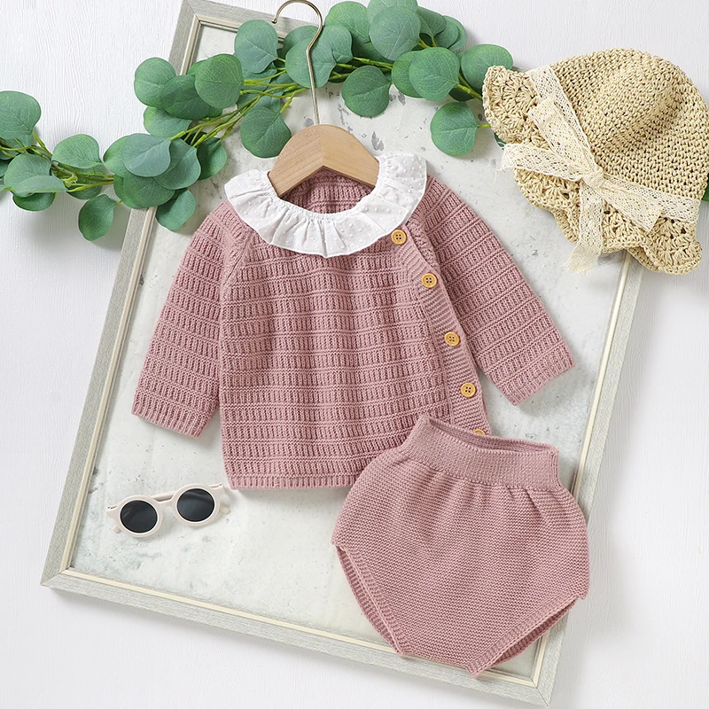 Baby Clothes Sets Knitted Infant Girl Boy Pullover +Shorts Fashion Ruffles Turn-down Collar Children Sweater +Pants 2PC Playsuit