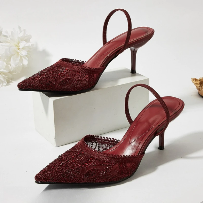Rhinestone Mesh Slingback High Heels for Ladies Back Strap Design Pointed-Toe Women's Pumps 2027 Elegant Designer Evening Shoes