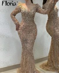 Robes De Soirée Gold Beaded Lace Appliqued V Neck Long Sleeve Evening Dress Luxury Women 2024 Wedding Party Gowns Custom Made