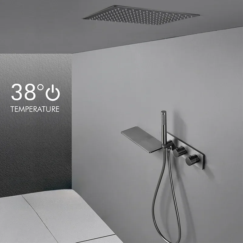 Brushed Grey Brass Bathroom Concealed Thermostatic Shower Faucet Set Ceiling Waterfall Shower 12