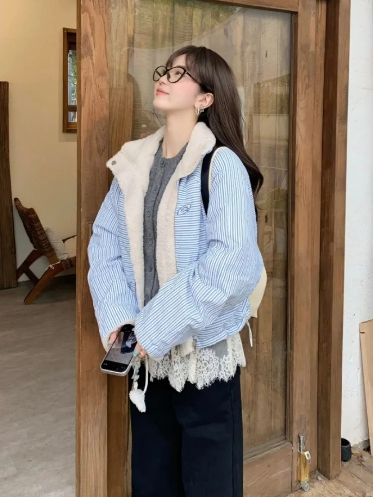 

Синее полосатое пальто из овечьего бархата, двустороннее, теплое, хлопковое, с капюшоном, на молнии, прямого кроя, с длинными рукавами, для повседневной носки