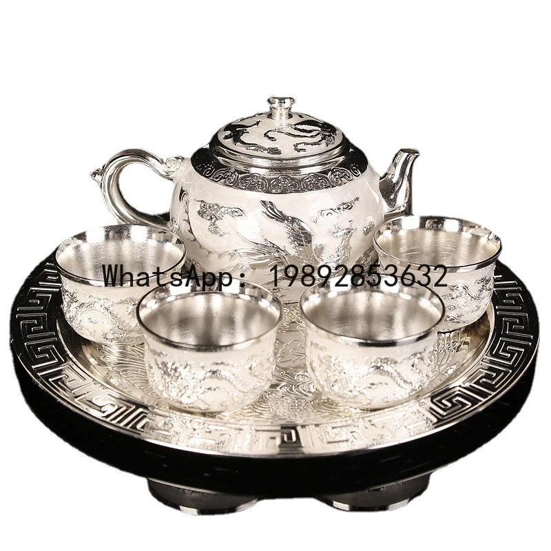 

PYJ Dragon and Phoenix Silver Tea Set Foot Silver Wine Set 1 Plate 1 Pot 4 Cups Chinese Gift Box Set