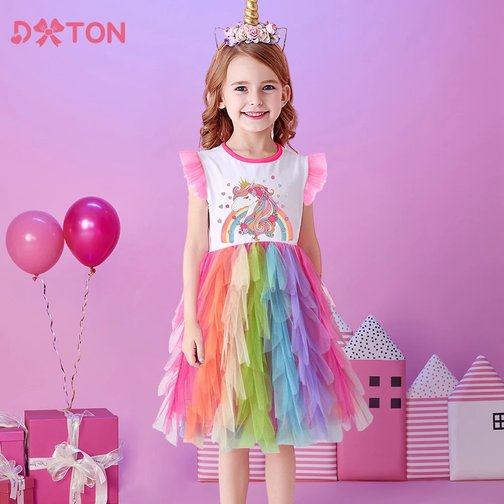 

DXTON New Sleeveless Girls Dress Summer Holiday Children Clothing Unicorn Rainbow Print Princess Prom Dress Kids Party Sundress