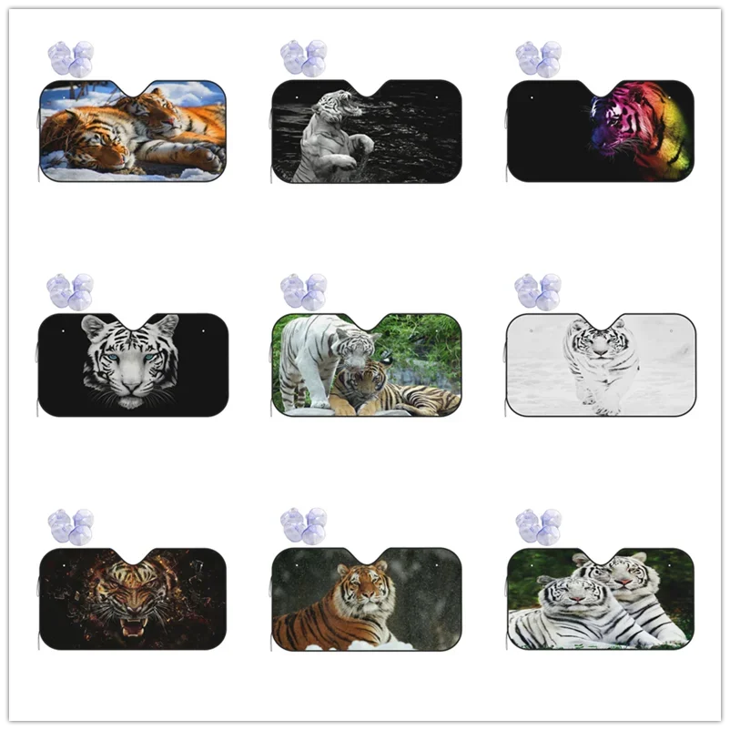 Universal Car Windshield Sunshade,Snow Covered Grassland in Winter,Tiger Couple Basking in The Snow Sun Shield Protector