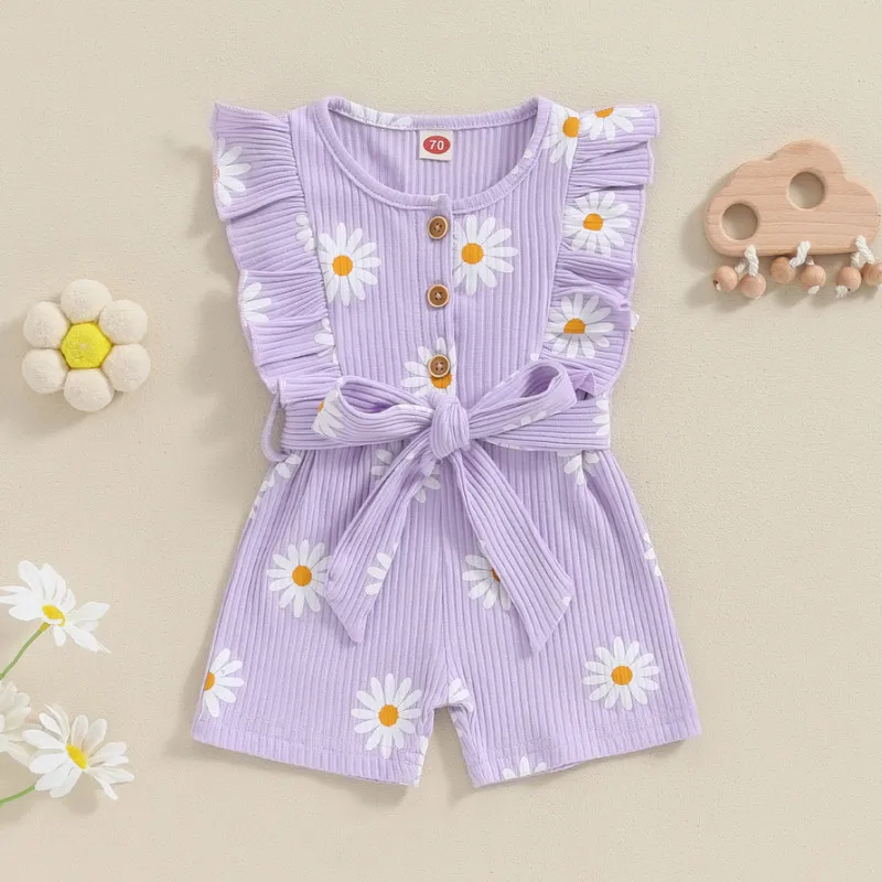 Baby Girls Rompers Daisy Print Round Neck Buttons Ruffles Sleeve Bodysuits Summer Clothes with Belt