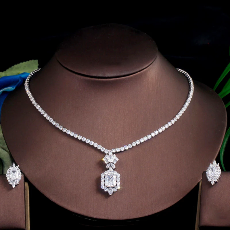 ThreeGraces Shiny Yellow Cubic Zirconia Silver Color Fashion Square CZ Stud Earrings and Necklace Jewelry Set for Women TZ861