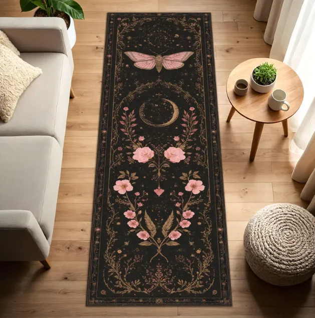 Boho Moth Floral Hallway Runner Rug Dark Print Non Slip Long Kitchen Floor Mat Vintage Washable Carpet for Hallway Entryway