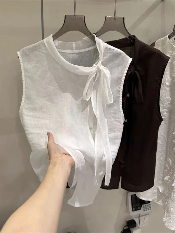 

Корейский элегантный топ с бантом и воротником, подчеркивающим талию, для лета, создающий ощущение роскоши, женская модная одежда