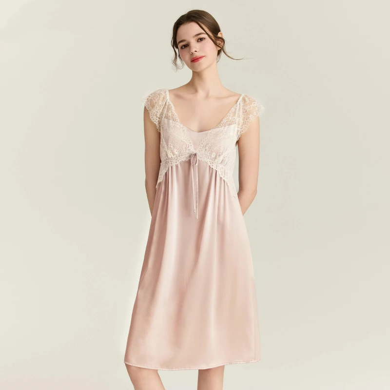 

Французская винтажная сорочка миди из 100% натурального шелка, ночная рубашка, сексуальная кружевная женская одежда для сна, ночная рубашка, милая ночная рубашка принцессы с подкладкой