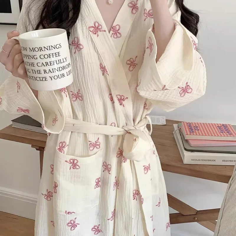 

New Women's Pajamas for Spring and Autumn, Simple and Comfortable Robe, Pink Bow, Casual Loose Home Wear, Plus-Size Nightgown