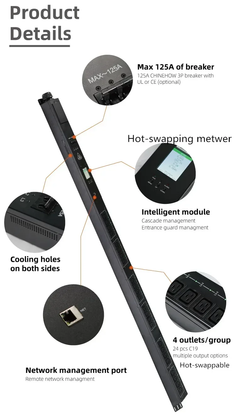 T21 New Machine Vertical OU 12 Way C19 Socket PDU 3-phase 63A Intelligent PDU Distribution Unit