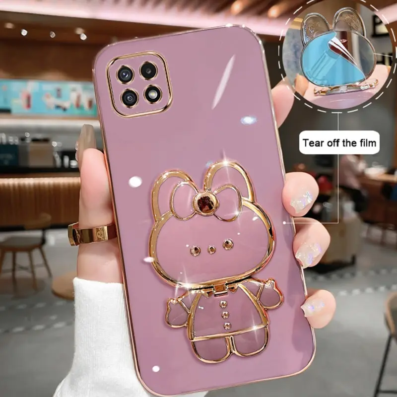 Makeup Mirror Phone Case For Samsung Galaxy A22 5G Plating Cartoon Rabbit Folding Bracket Phone Protection Case Cover