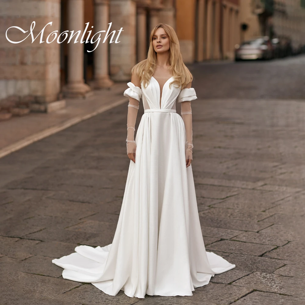 

Classic Pleat Satin A-Line Wedding Dress Deep V-Neck Spaghetti Straps Open Back High Side Split Vestidos De Novia Customized