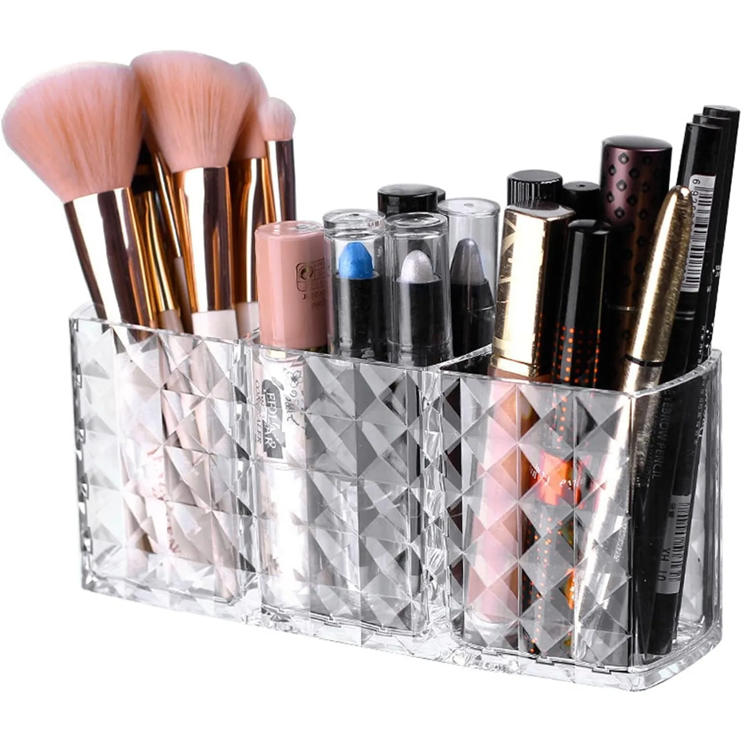 Acrylic Makeup Brushes Holder Pencil Organizer for Desk Storage with Diamond Surface for Cosmetic Eyebrow Pen Lip Gloss Brushes