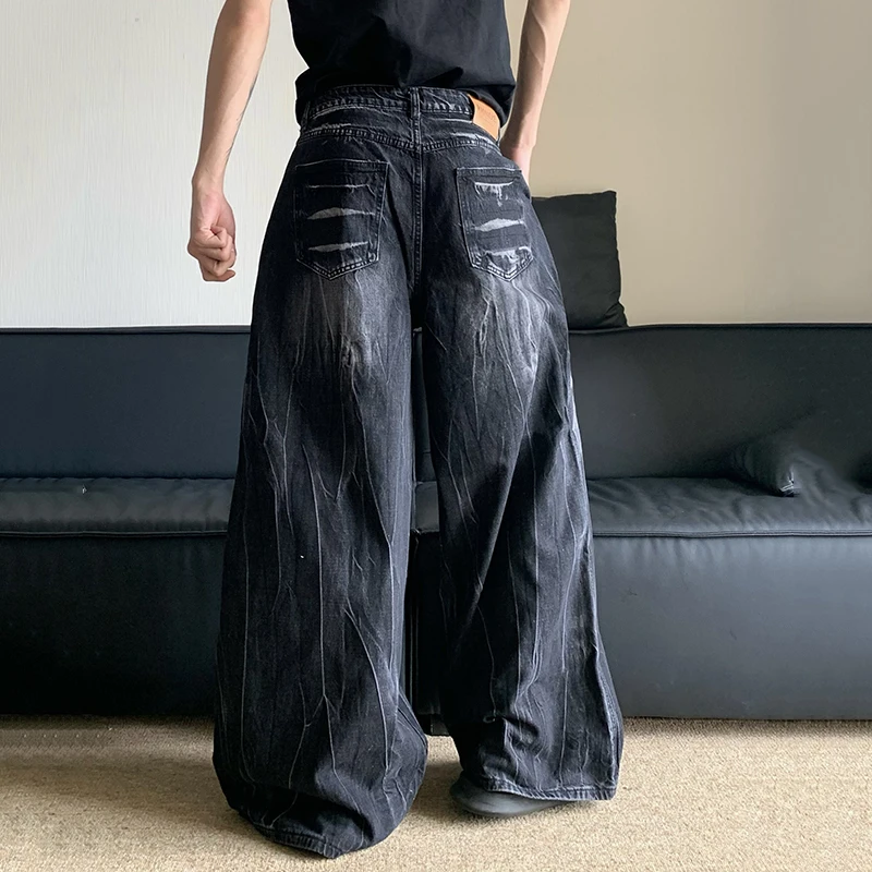 FEWQ American Cleanfit Washed Old Lightning Pattern Vibe Loose Wide Leg Pants Jeans 2024 Male Trousers New Fashion 24E1568