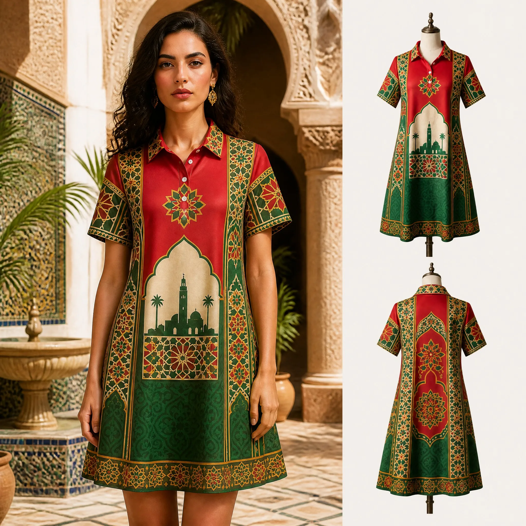 

Morocco Womens Polo Dress Green Red Arch Window Print Short Sleeve Casual A Line Dress Summer Travel Elegant Fashion Modern Chic