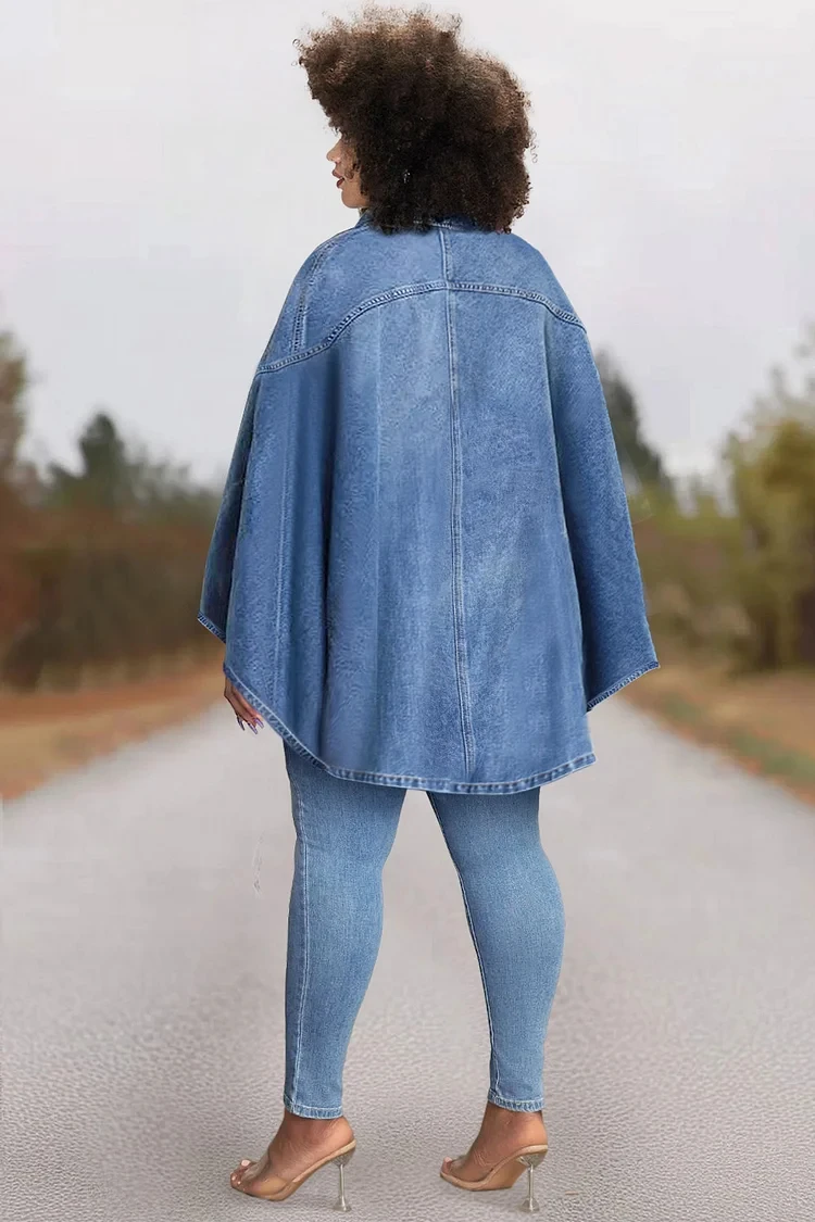 Chaqueta vaquera informal de talla grande para mujer, chaqueta vaquera dividida con Cuello de camisa azul claro, manga de capa, Otoño e Invierno