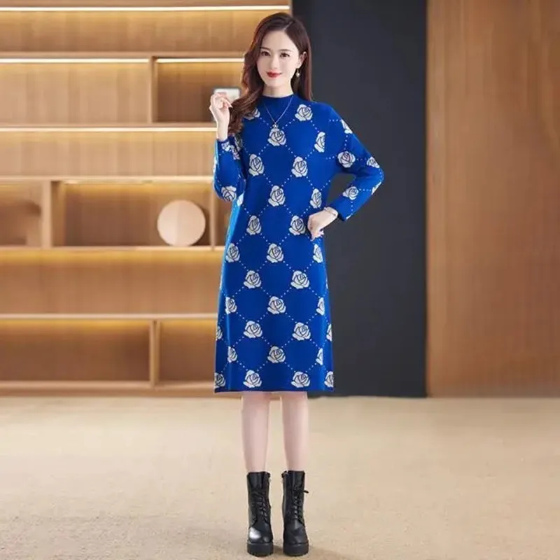 Gaun rajut wanita selutut model baru, gaun rajut musim dingin, Sweater panjang ramping, motif kebesaran, Busana baru, musim gugur, dan musim dingin, untuk wanita, 2023