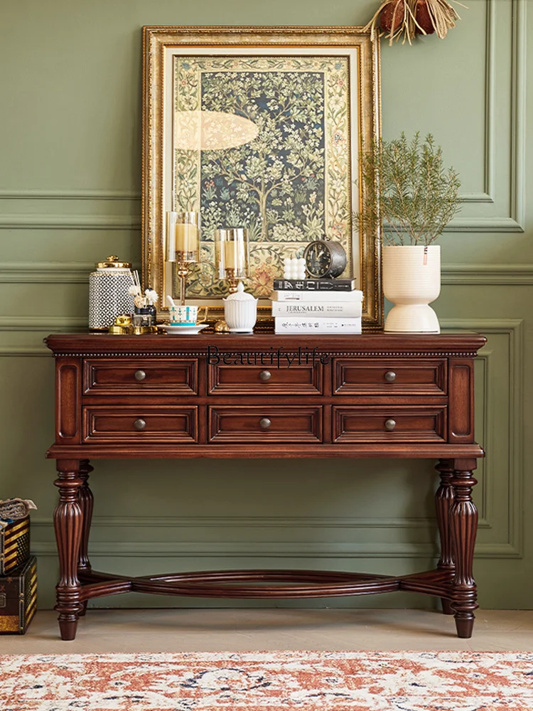 

4American neoclassical gold silk teak all solid wood entrance cabinet sofa back entrance table