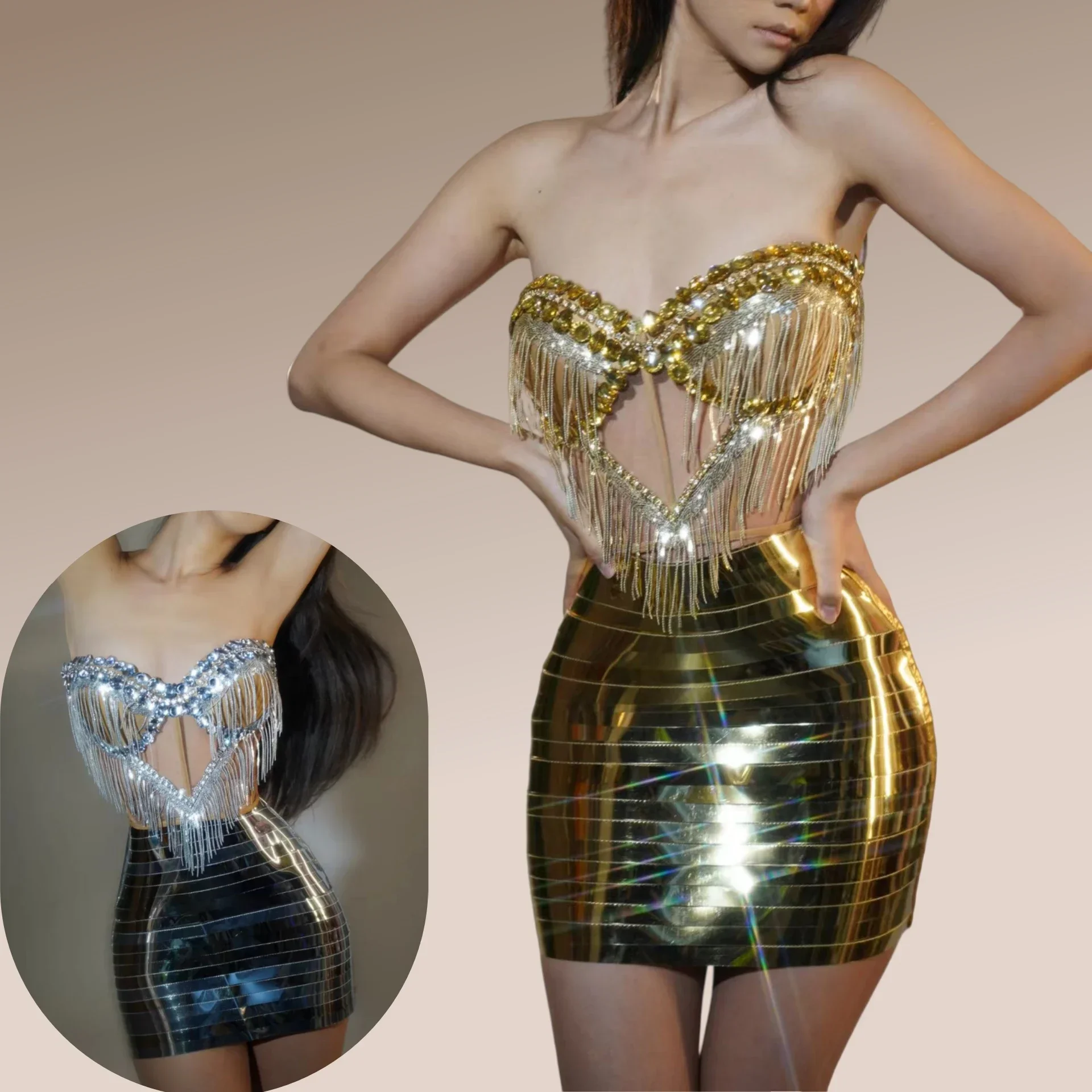 Minifalda con purpurina sin tirantes y borlas de diamantes de imitación, Tops cortos de malla con lentejuelas y espejos, 2 uds., envoltura para Festival de Música, vestido a la cadera, ropa para fiesta de graduación y Club