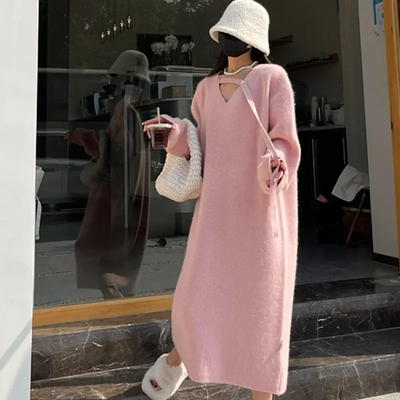 Artificial Mink Fleece Knitted Long Dresses Women Autumn Winter New Casual V-neck Loose Sweater Dress Simple All-match Vestidos
