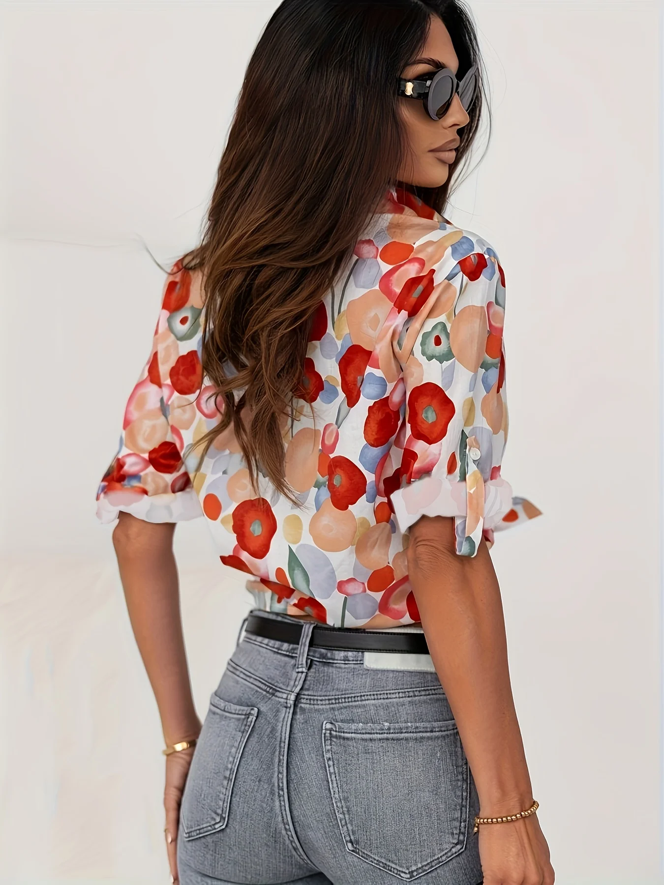 Floral print single breasted shirt, casual collared long sleeve shirt, suitable for spring and autumn, women\'s clothing