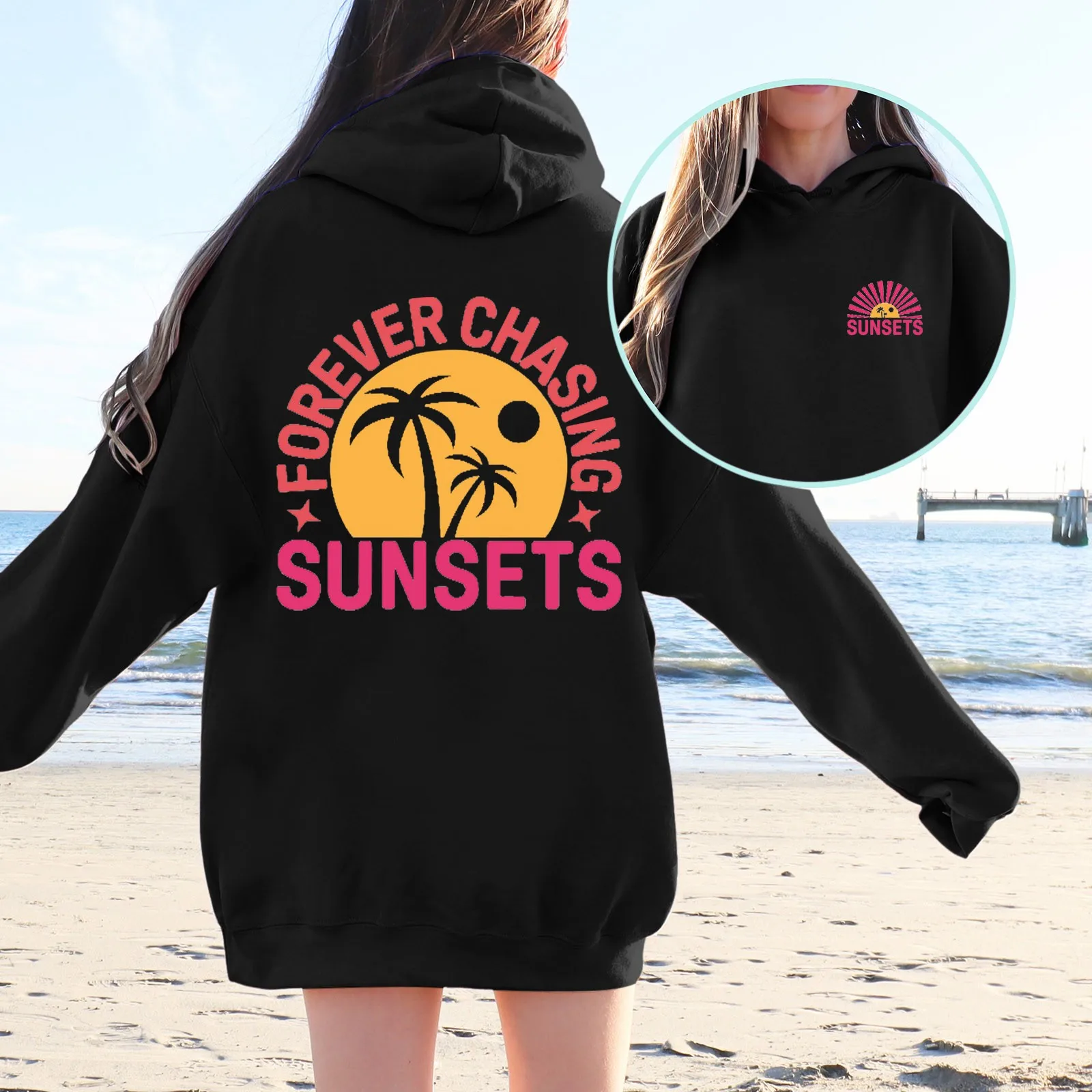 

Women's Round Neck Hoodie Sweatshirt Seaside Beach Sunrise Sunset Collection Top Lightweight Hoodies Women Pullover