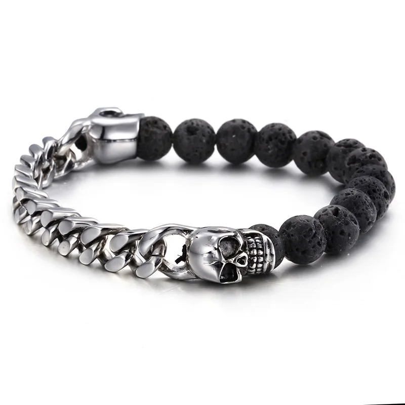 Stainless Steel Skull Prayer Beads Bracelet with Volcanic Stone Beads Factory Direct Wholesale Buddhist Mala Chain