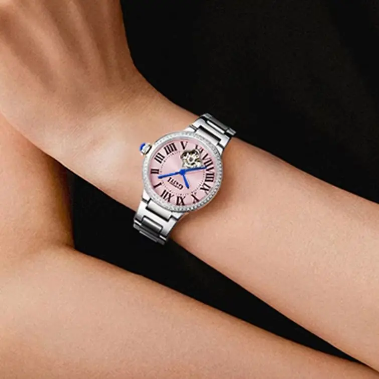 BONEST GATTI Women Automatic Watch 35mm Ladies Mechanical Wristwatch Sapphire Mirror Luminous Skeleton Dial Crystal Bezel