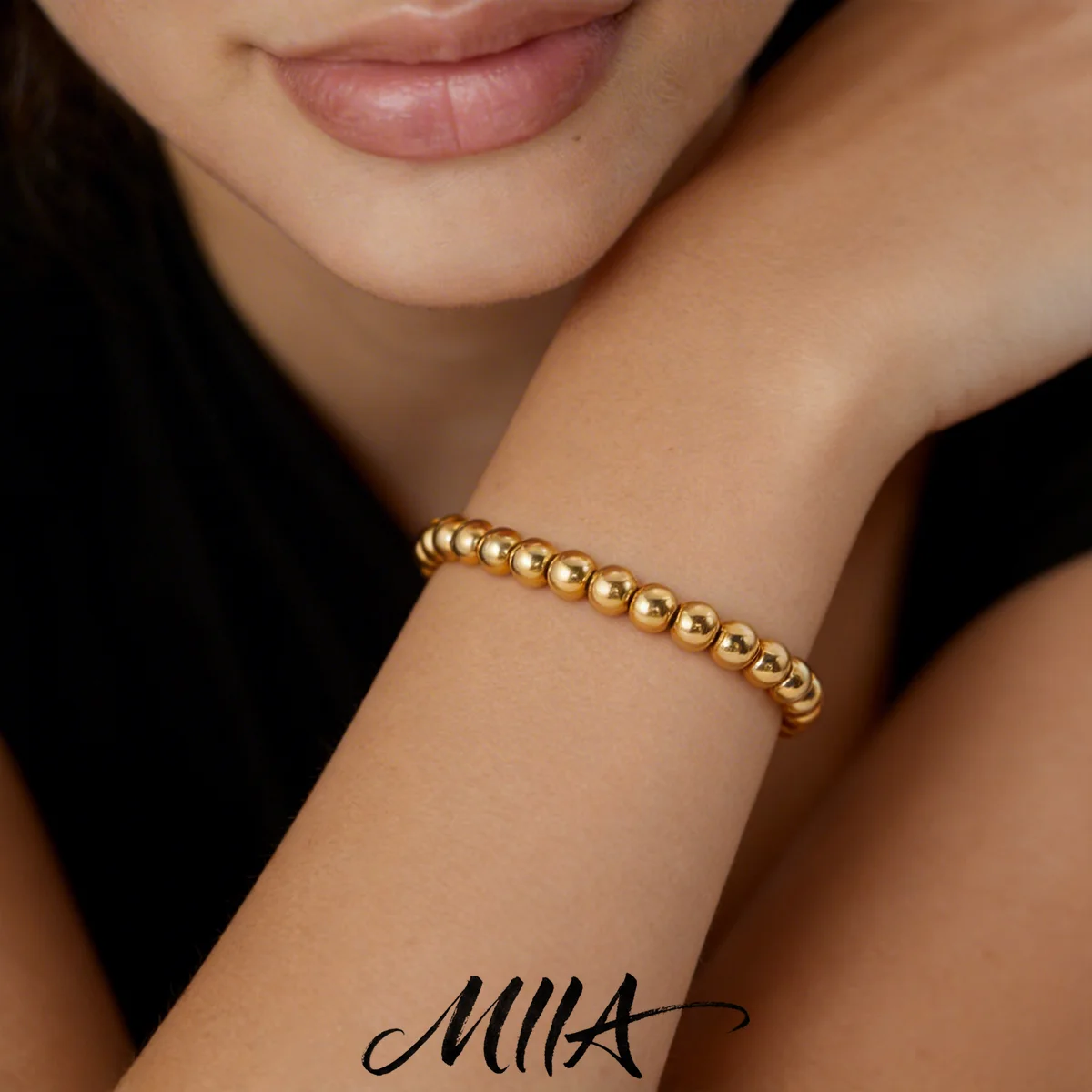 Miia Jewelry Multi Size Smooth Round Bead Stretch Bracelet Set 18K Gold Stainless Steel Stackable Waterproof Jewelry