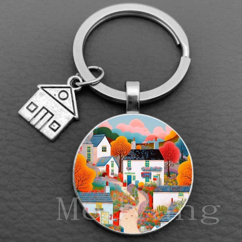 2024 New Home Keychain Healing Series Oil Painting Beautiful Home Glass Keychain Personalized Jewelry Gift New Home Keychain