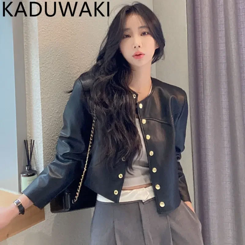 Korean Chic Spring Retro PU Leather Jacket Metal Buttons Loose Long-sleeved Short Coat Women Simple O Neck Streetwear Tops