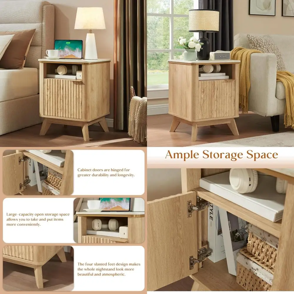 

Современная рифленая тумбочка с зарядной станцией, прикроватная тумбочка с открытым хранилищем и шкафом, 18-дюймовый приставной столик, торцевой столик