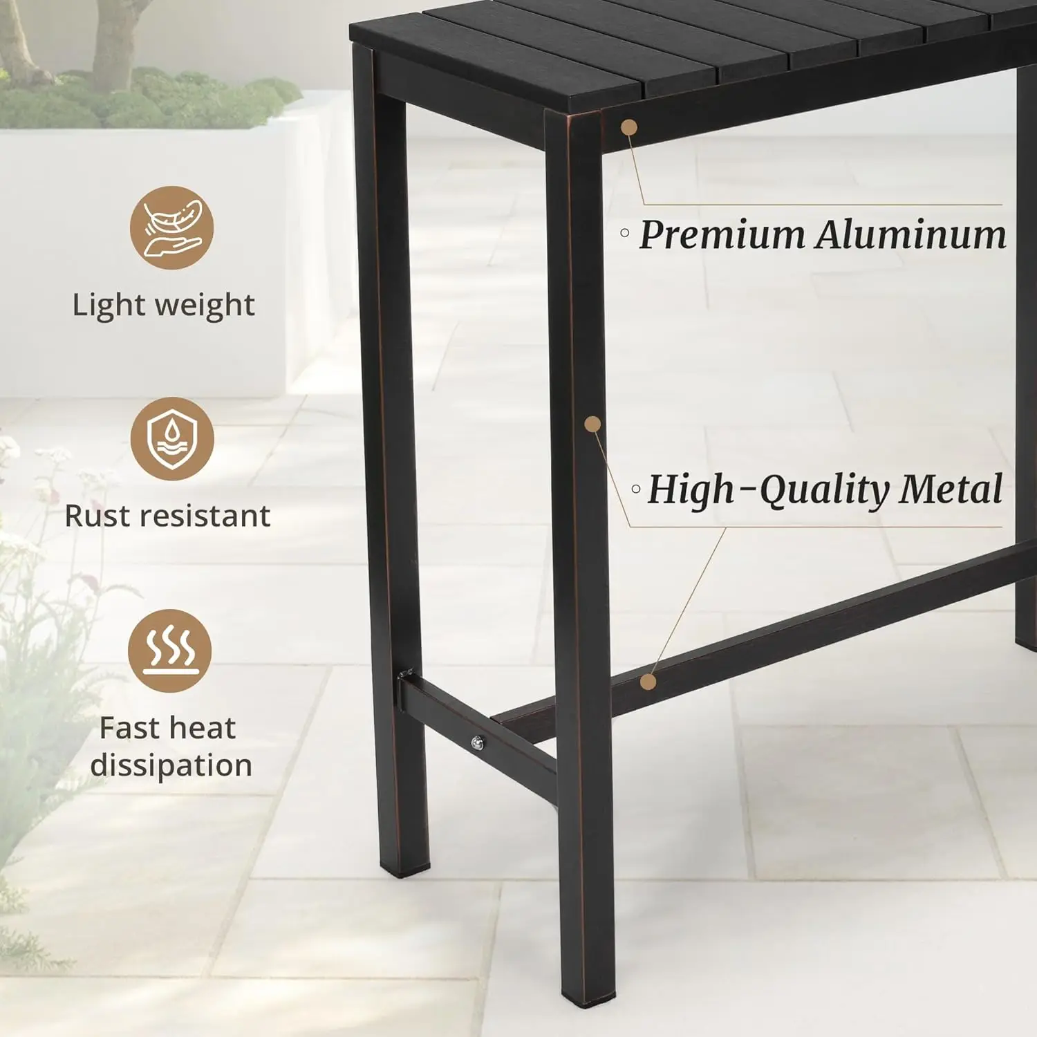 Mesa de Bar para exteriores, Mostrador de altura de barra de Patio negro de 45 ", consola superior con listones HDPS impermeable para bañera de hidromasaje