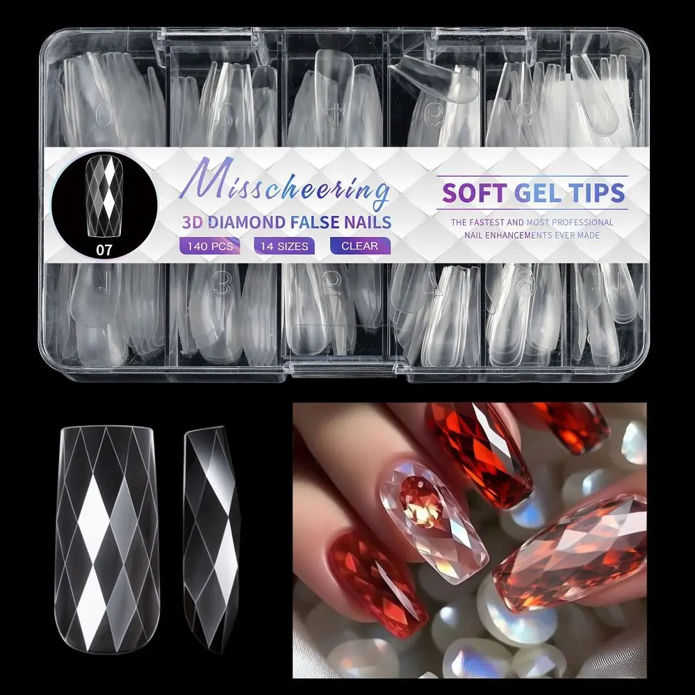 120/140pcs/Box 3D Diamond Press on False Nail Square Almond Ballet Coffin Ultra-thin False Nails Tips Multi-Size Gelly Nail Tips